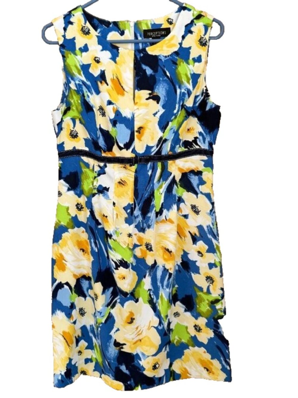 Perceptions Floral Dress Sz 10 Sleeveless Knee Length Blue‎ Yellow Wedding Guest